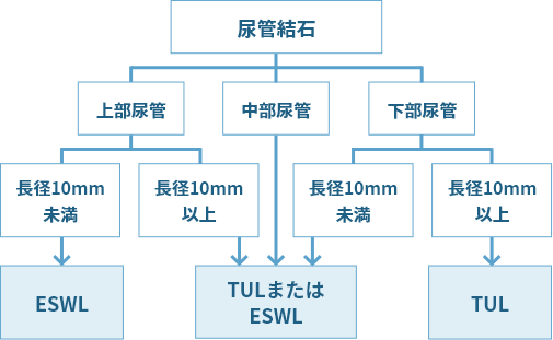 尿管結石 上部尿管 長径10mm未満：ESWL、長径10mm以上：TULまたはESWL 中部尿管：TULまたはESWL 下部尿管 長径10mm未満：TULまたはESWL、長径10mm以上：TUL